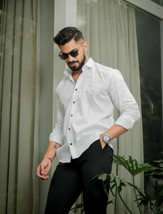 Lionies Men’s White Designer Shirt with Gold Studded Detailing