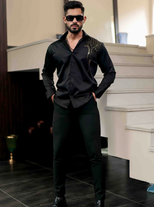 Lionies Men’s Black Designer Shirt with Gold Studded Detailing