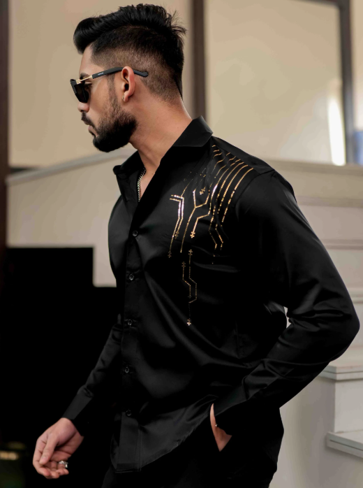 Lionies Men’s Black Designer Shirt with Gold Studded Detailing