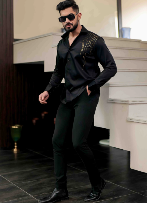 Lionies Men’s Black Designer Shirt with Gold Studded Detailing