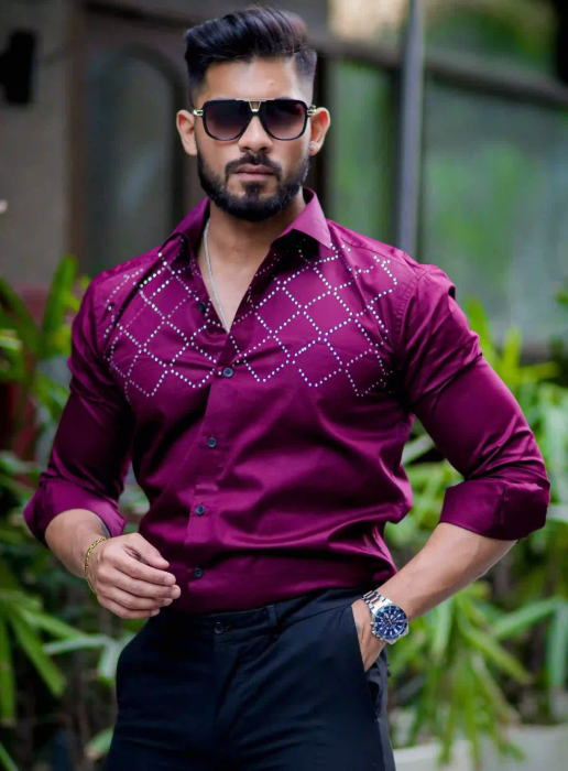 Lionies Men’s Maroon Designer Shirt with Diamond Studded Pattern