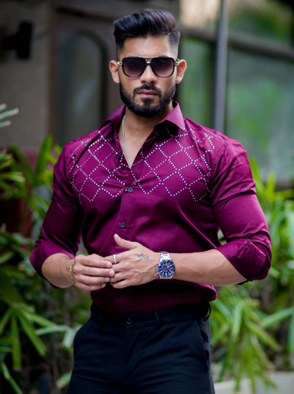 Lionies Men’s Maroon Designer Shirt with Diamond Studded Pattern