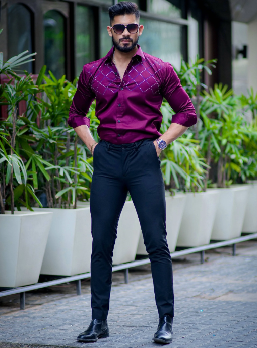 Lionies Men’s Maroon Designer Shirt with Diamond Studded Pattern